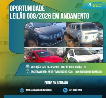LEILÃO 009/2026 DE VEÍCULOS APREENDIDOS EM AÇÕES PENAIS- PODER JUDICIÁRIO DO ESTADO DE MS