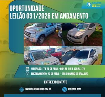 LEILÃO 031/2026 DE VEÍCULOS APREENDIDOS EM AÇÕES PENAIS- PODER JUDICIÁRIO DO ESTADO DE MS