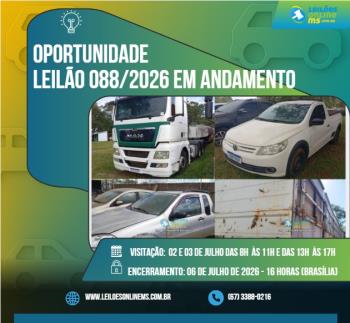 LEILÃO 088/2026 DE VEÍCULOS APREENDIDOS EM AÇÕES PENAIS COM RESTRIÇÕES JUDICIAS E/OU ROUBO OU FURTO- PODER JUDICIÁRIO DO ESTADO DE MS