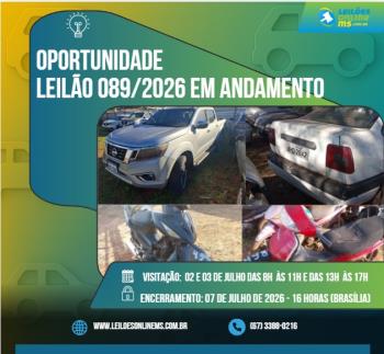 LEILÃO 089/2026 DE VEÍCULOS APREENDIDOS EM AÇÕES PENAIS CLASSIFICADOS COMO SUCATAS INSERVÍVEIS- PODER JUDICIÁRIO DO ESTADO DE MS