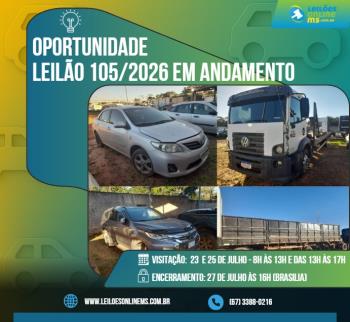 LEILÃO 105/2026 DE VEÍCULOS APREENDIDOS EM AÇÕES PENAIS- PODER JUDICIÁRIO DO ESTADO DE MS