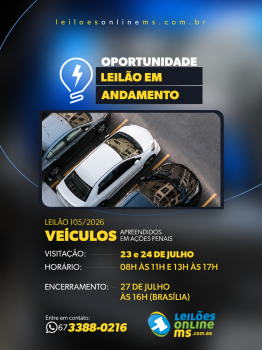 LEILÃO 105/2026 DE VEÍCULOS APREENDIDOS EM AÇÕES PENAIS- PODER JUDICIÁRIO DO ESTADO DE MS