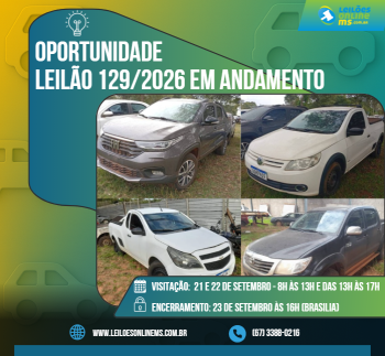 LEILÃO 129/2026 DE VEÍCULOS COM RESTRIÇÕES JUDICIAIS/ROUBO OU FURTO APREENDIDOS EM AÇÕES PENAIS- PODER JUDICIÁRIO DO ESTADO DE MS